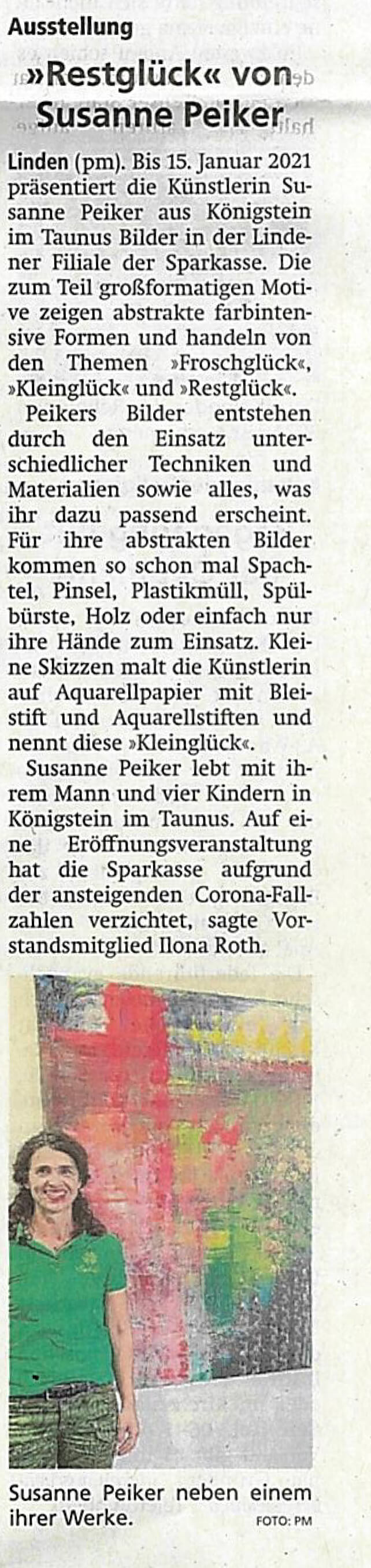 Presseartikel 04.11.2020 Gießener Anzeiger Susanne Peilker